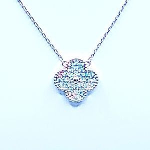 NEW! WHITE CZ PAVE INLAY LUCKY CLOVER PENDANT NECKLACE IN SILVER TONE